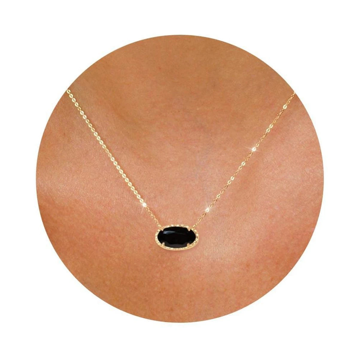 Colorful zircon necklace, natural stone, bone chain, oval, fashionable, popular, niche, personalized jewelry, gold-plated
