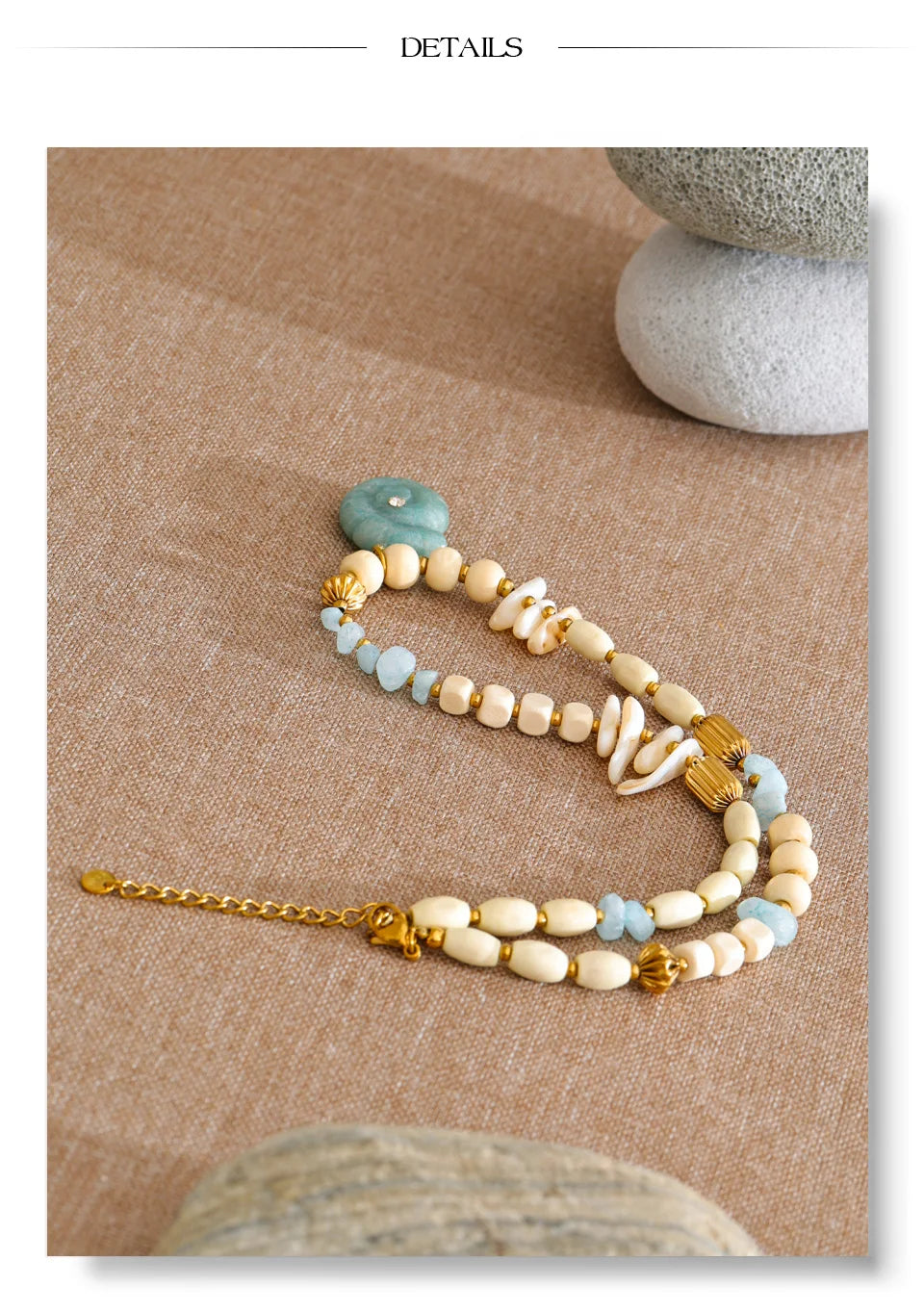 Shell natural stone beaded necklace in gold-plated stainless steel with natural stone and shell.