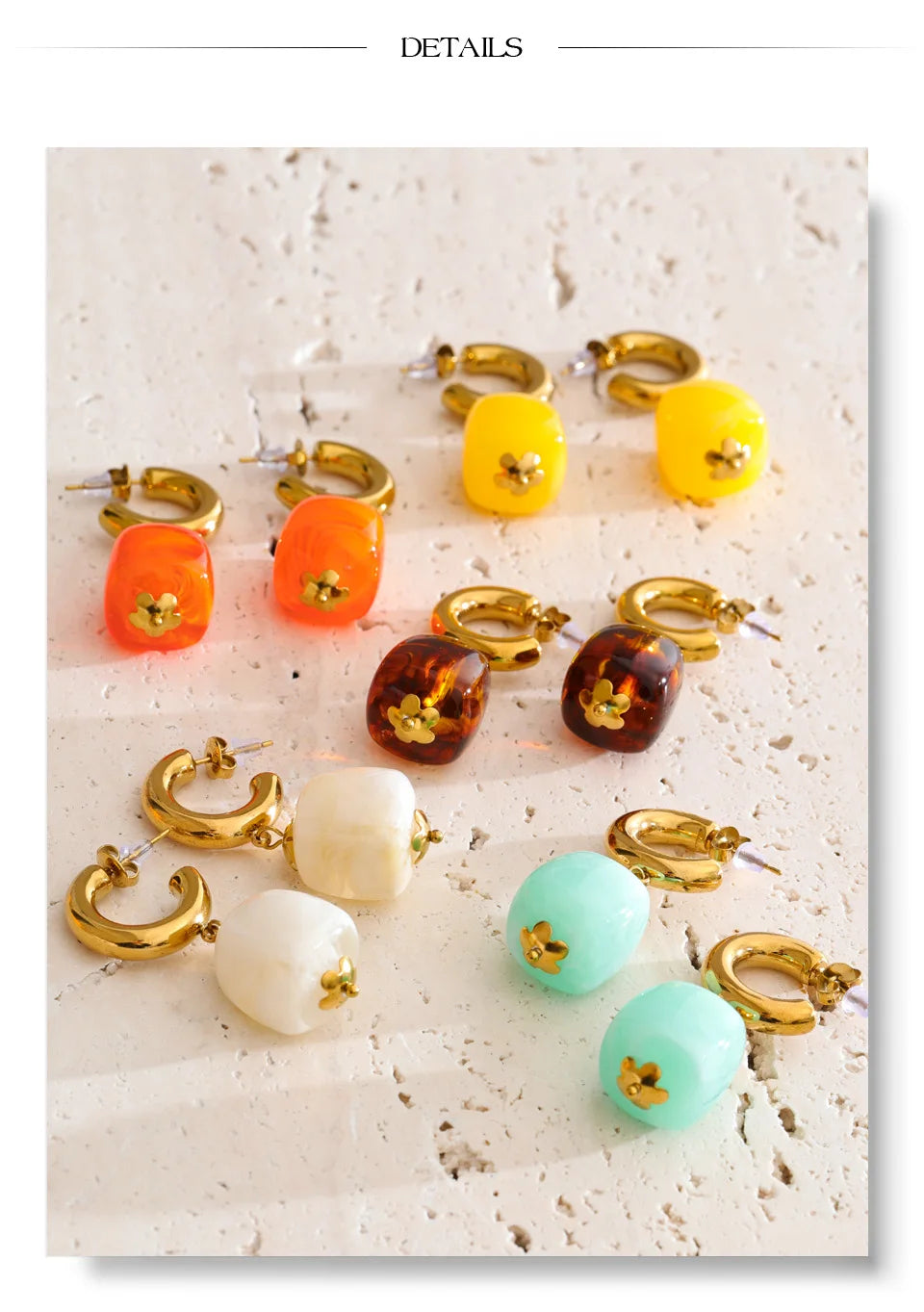 Resin acrylic geometric earrings in gold-plated stainless steel with resin and acrylic.