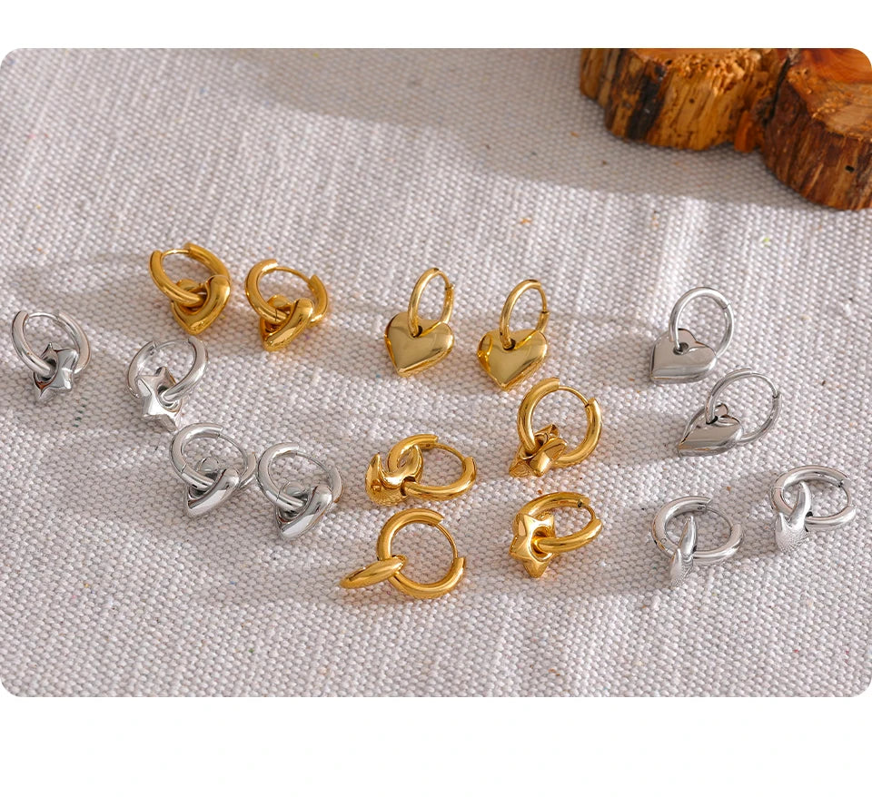 Heart star moon earrings in gold-plated stainless steel.