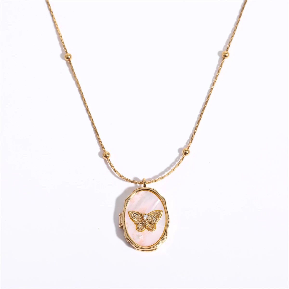 18K Gold Mother of Pearl Pendant Necklace Dainty Beaded Chain Charm Necklace for Women Gift