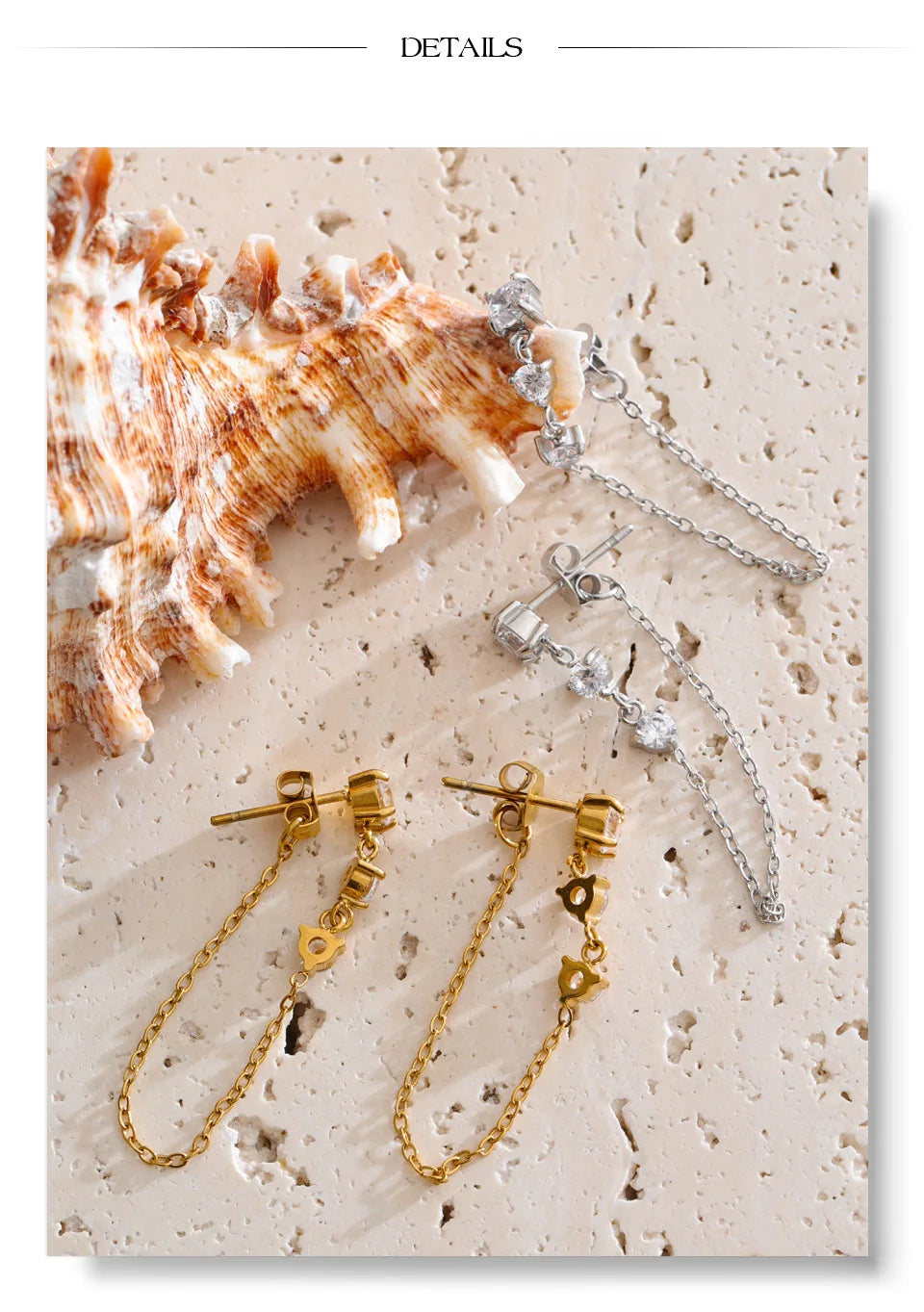 Cubic zirconia geometric chain earrings in gold-plated stainless steel with cubic zirconia.
