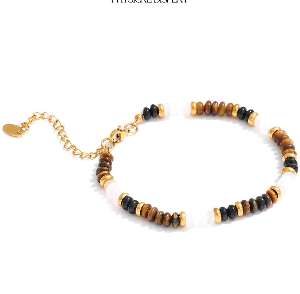 Natural Stone Beaded Geometric Bracelet — Gold-Plated Stainless Steel with Natural Stone · PS1094