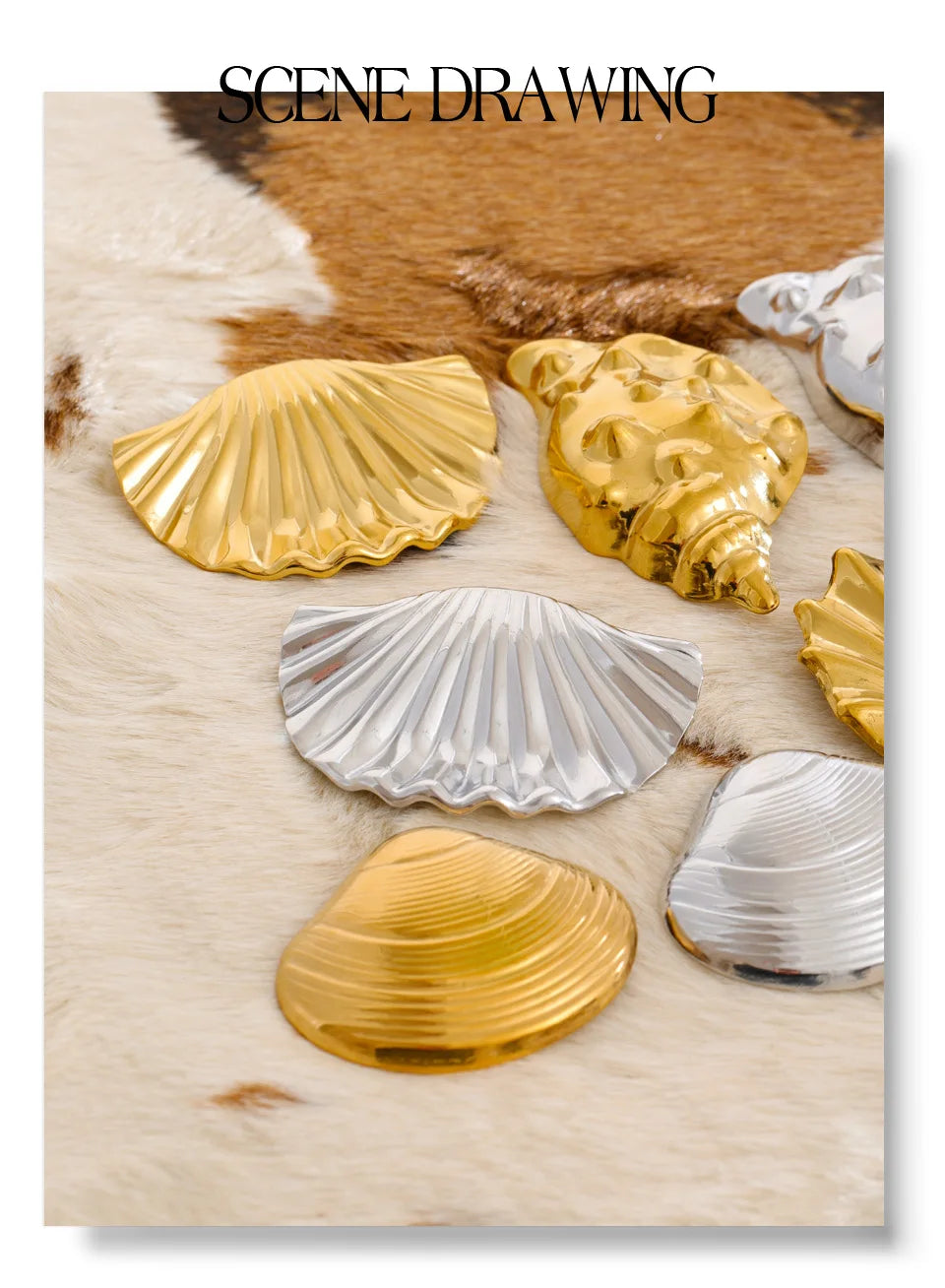 Shell geometric brooch in gold-plated stainless steel with shell.