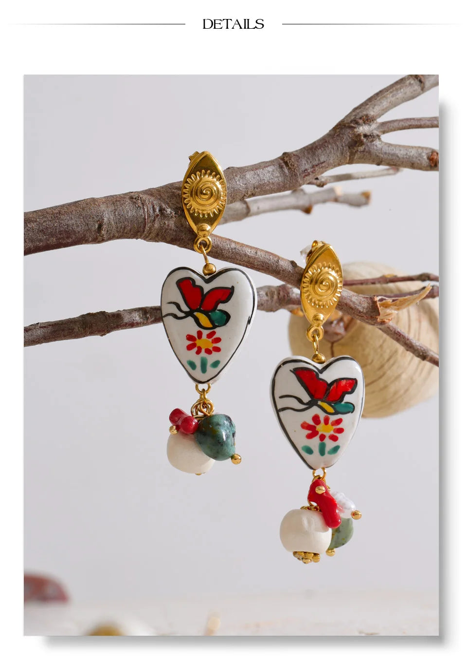 Pearl natural stone heart earrings in gold-plated stainless steel with pearl and natural stone.