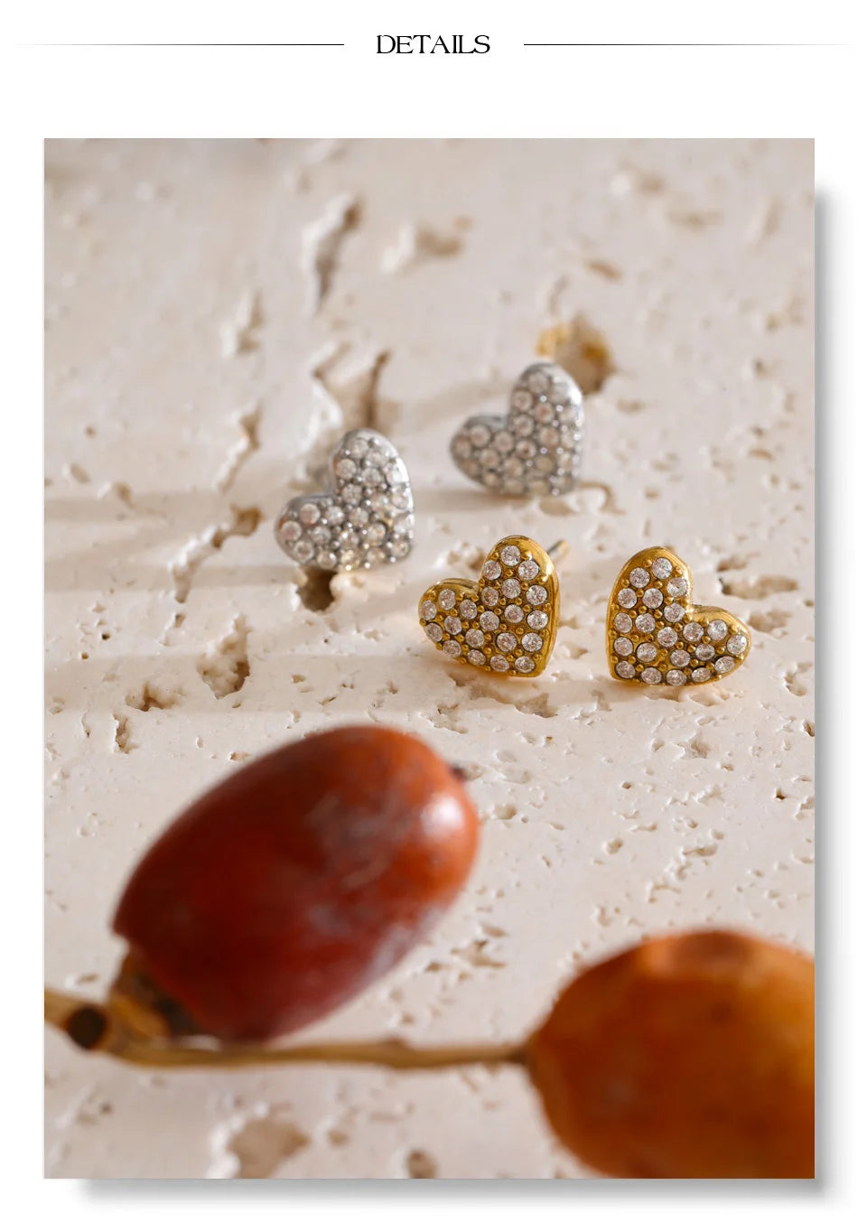 Cubic Zirconia Heart Earrings — Gold-Plated Stainless Steel with Cubic Zirconia · PS1324