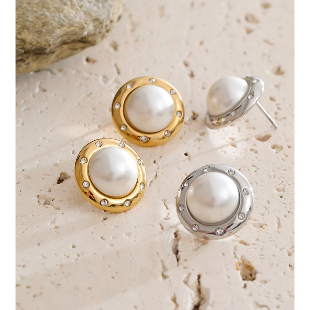 Cubic Zirconia Pearl Geometric Earrings — Gold-Plated Stainless Steel with Pearl and Cubic Zirconia · PS1536