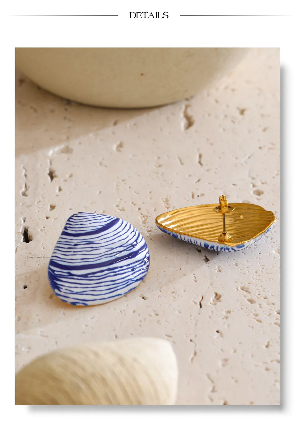 Shell enamel geometric earrings in gold-plated stainless steel with shell and enamel.