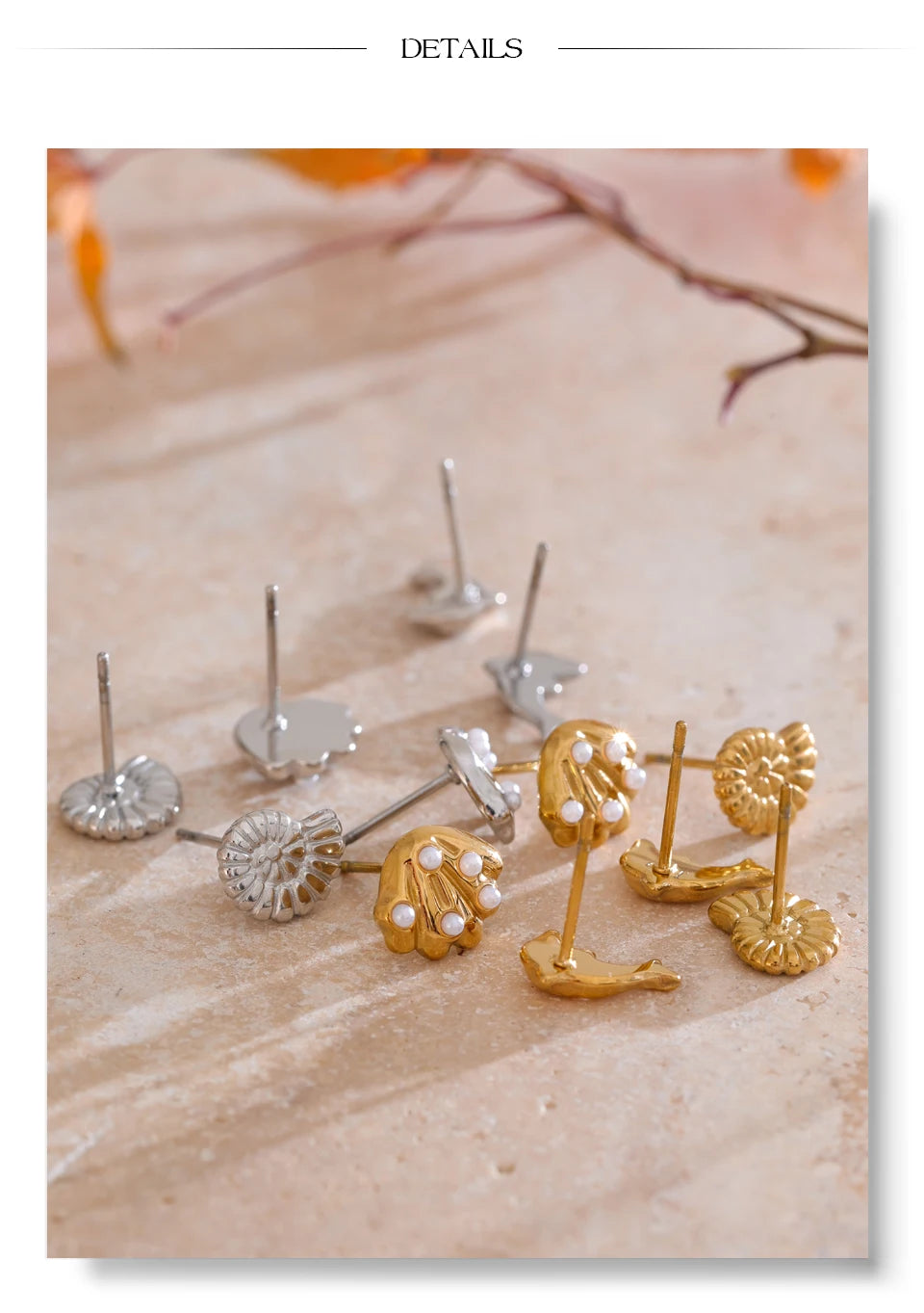 Pearl shell geometric earrings in gold-plated stainless steel with pearl and shell.