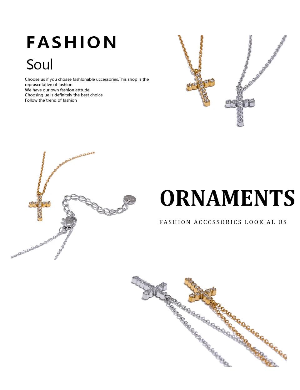 Cubic zirconia cross necklace in gold-plated 316L stainless steel with cubic zirconia.