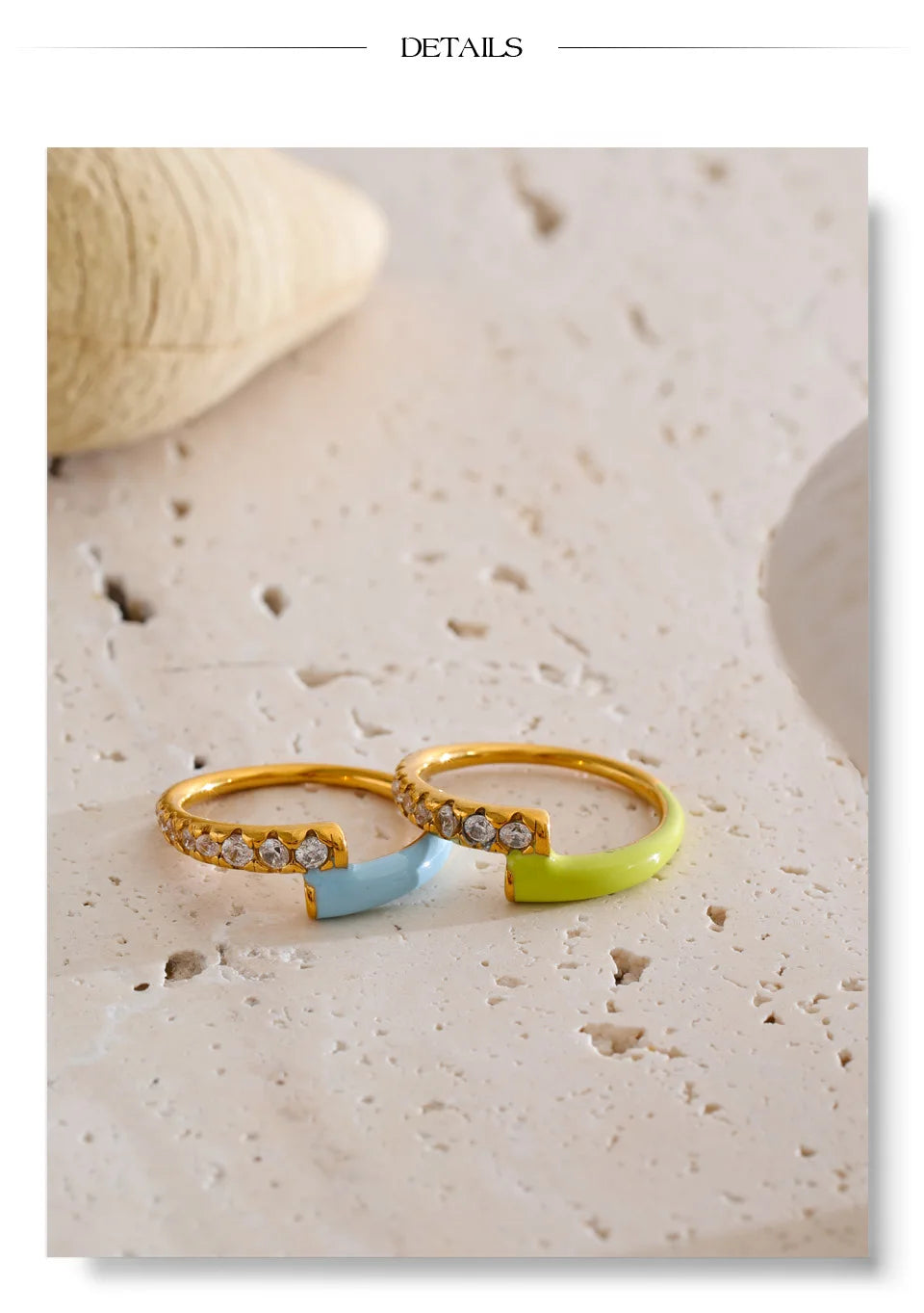 Green cubic zirconia enamel ring in 18K gold-plated stainless steel with cubic zirconia and enamel.