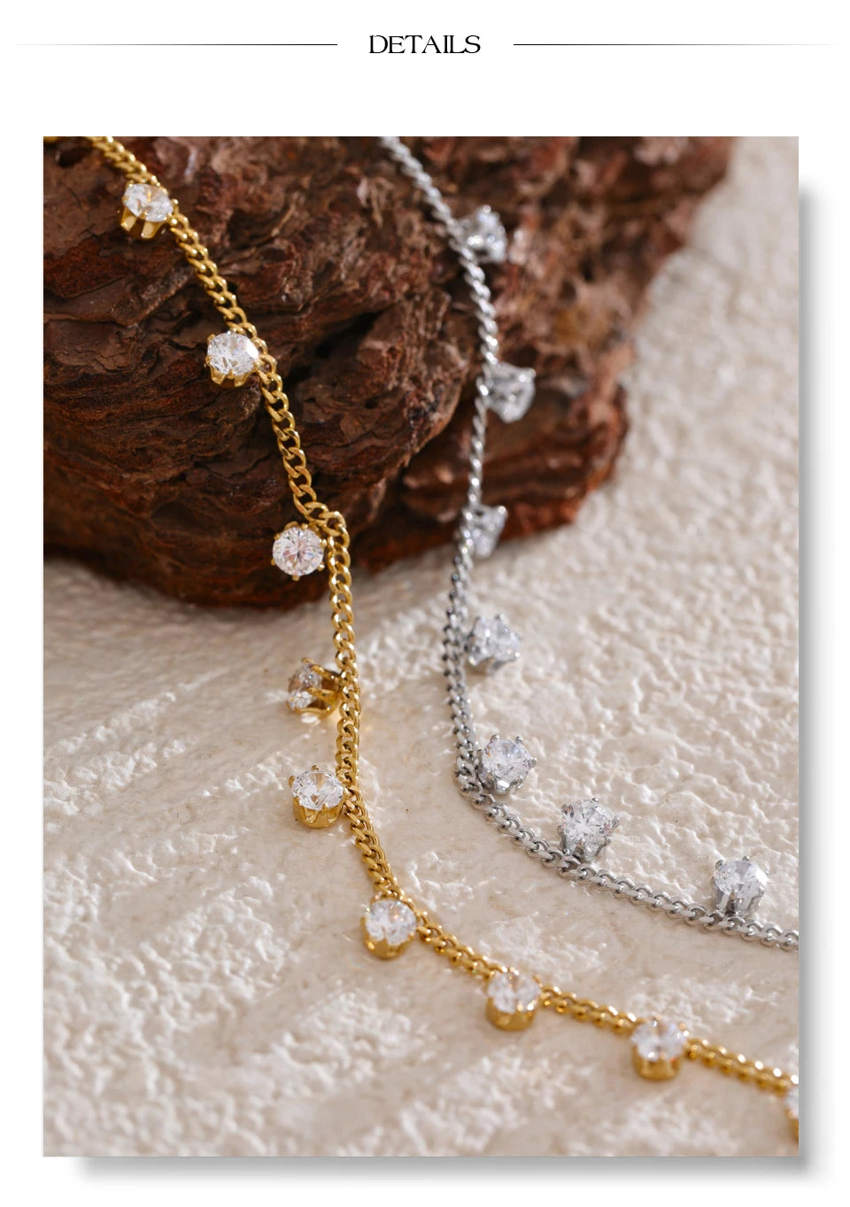 Cubic zirconia geometric chain necklace in gold-plated stainless steel with cubic zirconia.