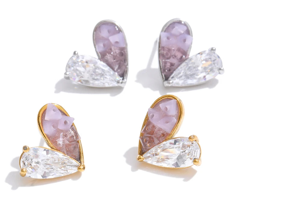 Cubic zirconia resin heart earrings in gold-plated stainless steel with cubic zirconia and resin.