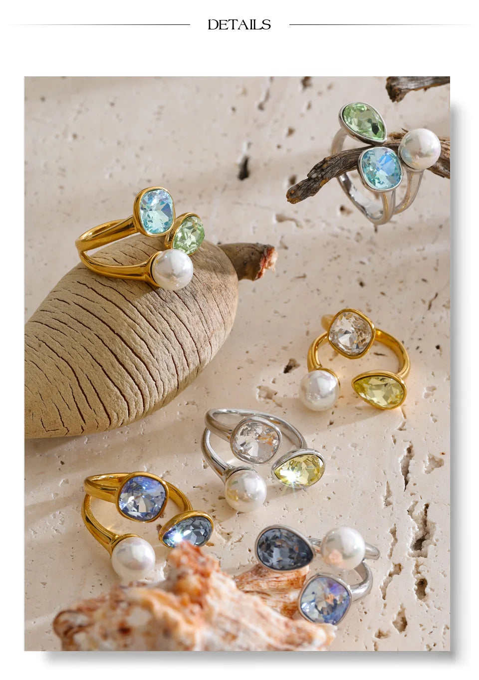 Pearl crystal geometric ring in 18K gold-plated stainless steel with pearl and crystal.