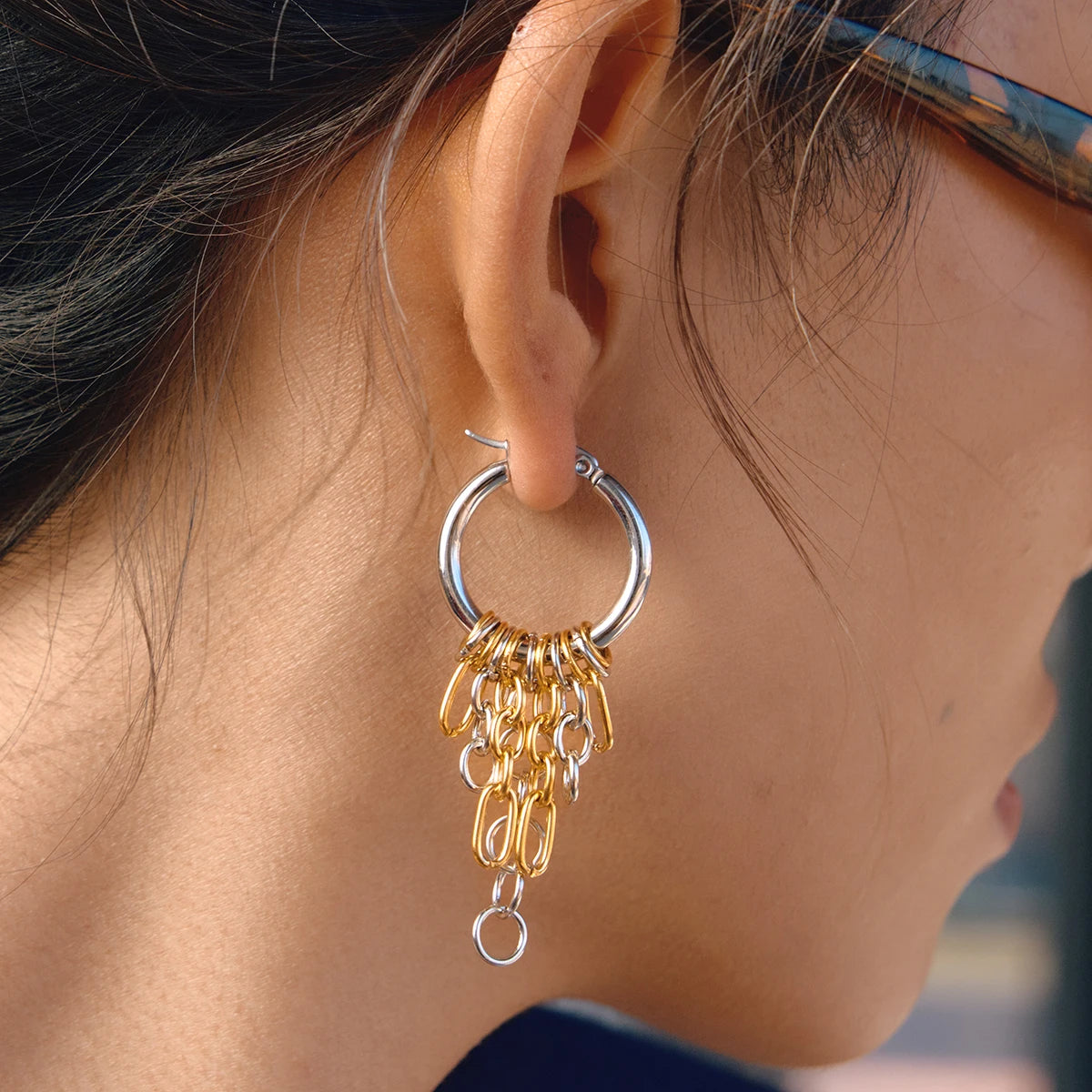 Chain Tassel Hoop Earrings — Stainless Steel · PS106