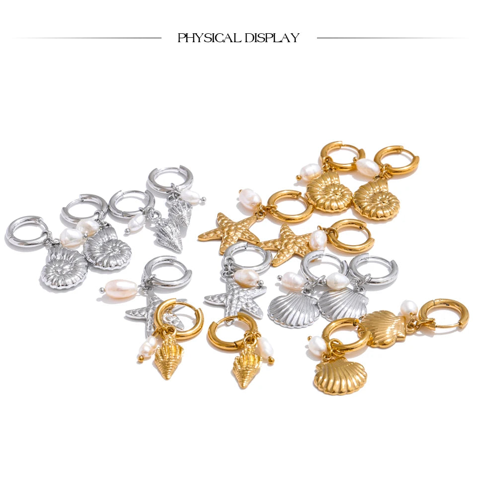 Freshwater pearl shell star earrings in gold-plated stainless steel with freshwater pearl and shell.