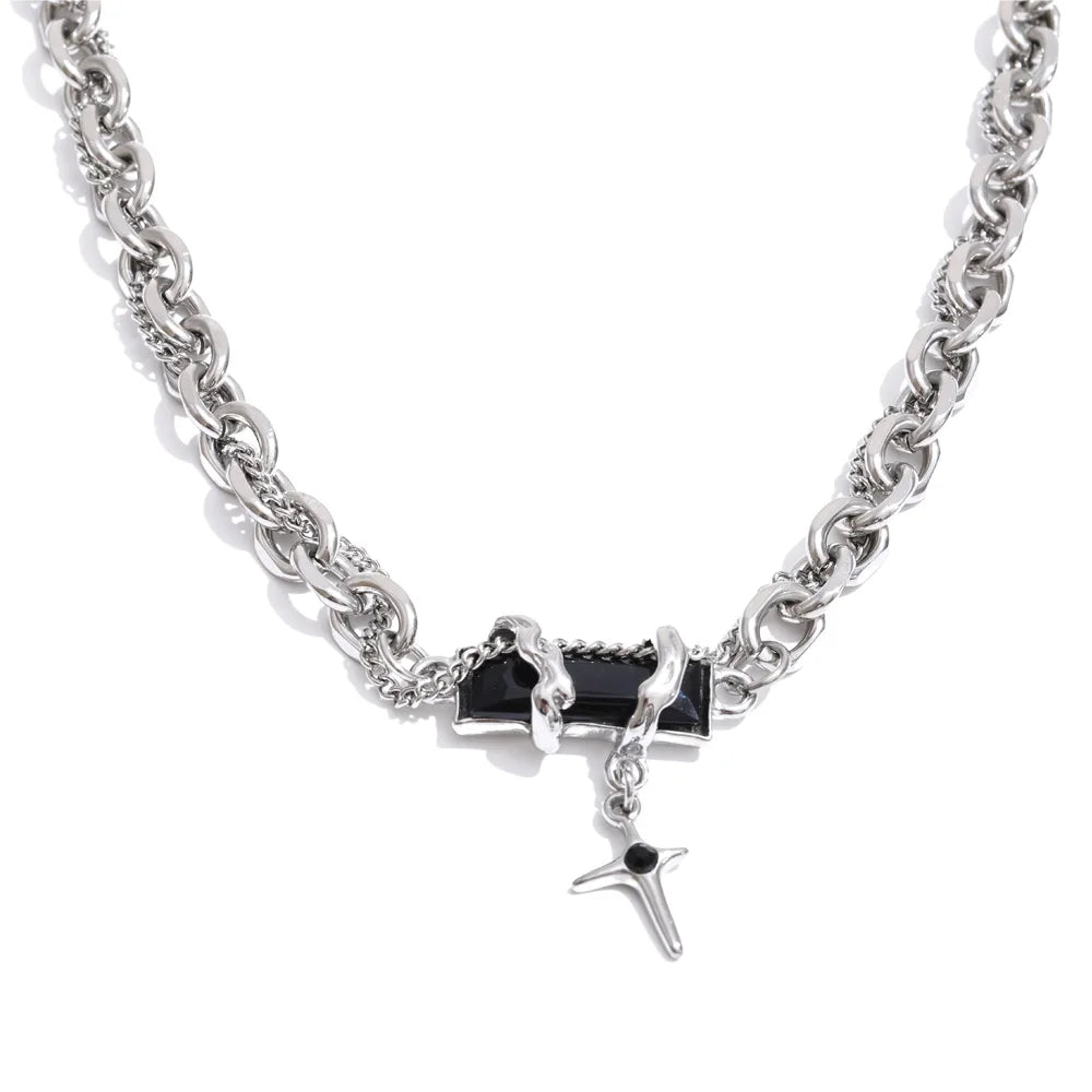 Crystal natural stone cross necklace in gold-plated stainless steel with natural stone and crystal.