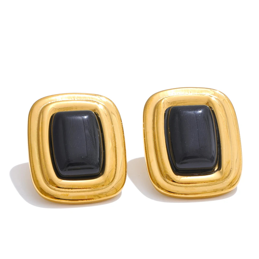 Black Natural Stone Geometric Earrings — Gold-Plated Stainless Steel with Natural Stone · PS1596