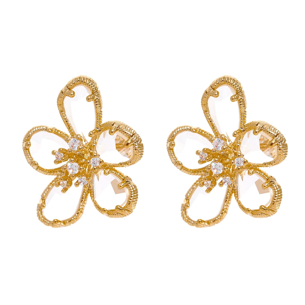 Cubic Zirconia Flower Geometric Earrings — 14K Gold-Plated Copper with Cubic Zirconia · PC21