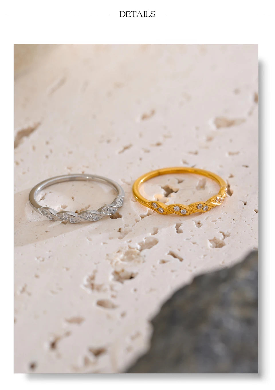 Cubic zirconia geometric ring in gold-plated stainless steel with cubic zirconia.