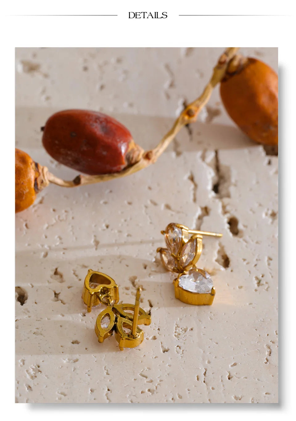 Cubic Zirconia Heart Flower Earrings — Gold-Plated Stainless Steel with Cubic Zirconia · PS1308