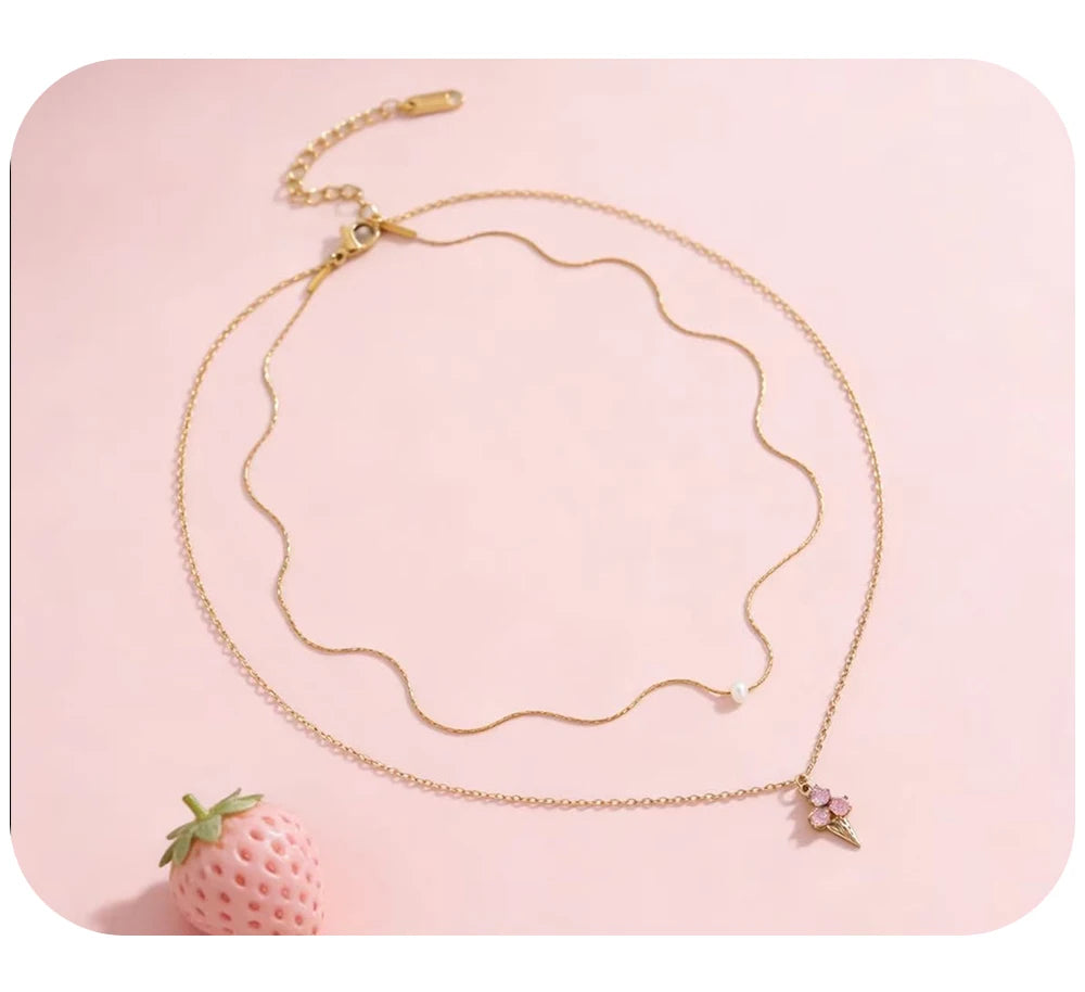 Pink Crystal Ice Cream Pendant Necklace Charm — 316L Stainless Steel · PS455