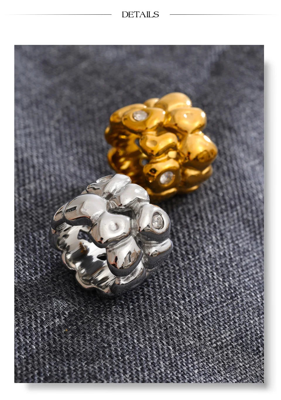 Cubic zirconia geometric ring in 18K gold-plated stainless steel with cubic zirconia.