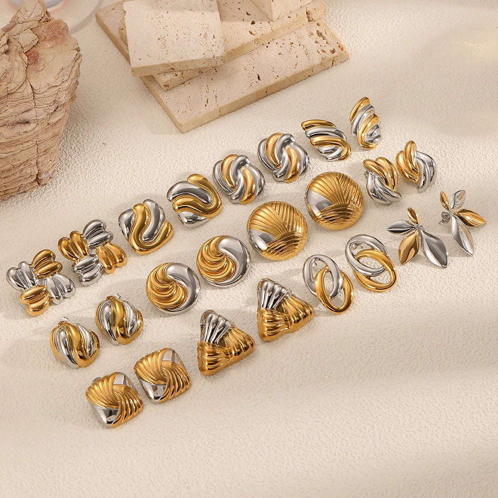 New Fashion Design Gold Silver Mixed Color Titanium Steel Geometric Stud Earrings Set Women's Classic Charm Waterproof Jewelry