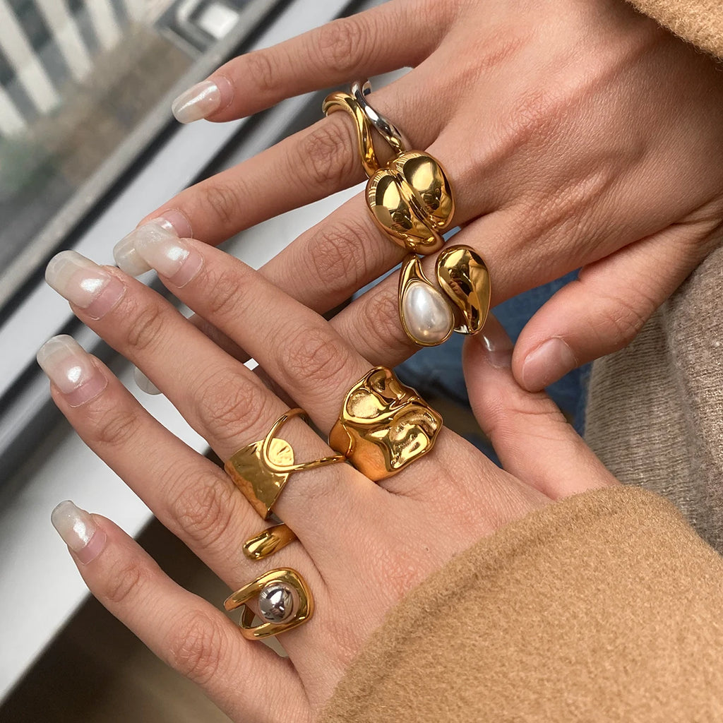 Two-Tone Pearl Waterdrop Ring — Stainless Steel · PS368