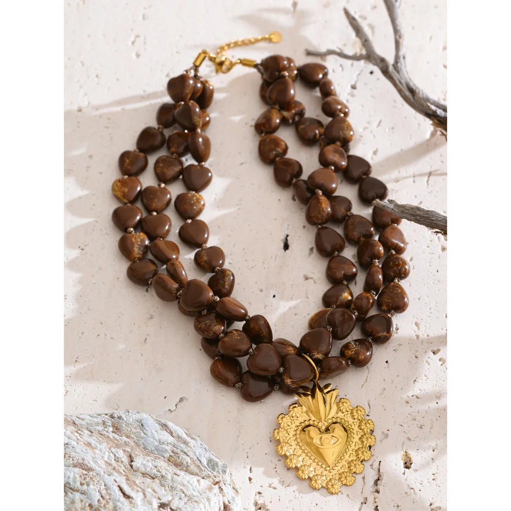 Acrylic Heart Beaded Necklace — Gold-Plated Stainless Steel with Acrylic · PS2237
