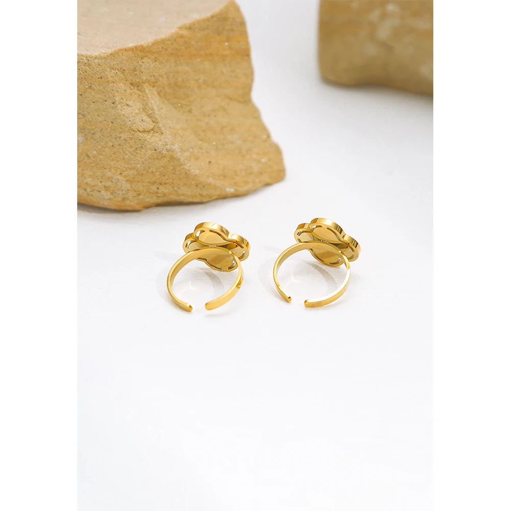 Ring Natural Stone Inlaid In Metal Texture Flowers — 316L Stainless Steel · PS461