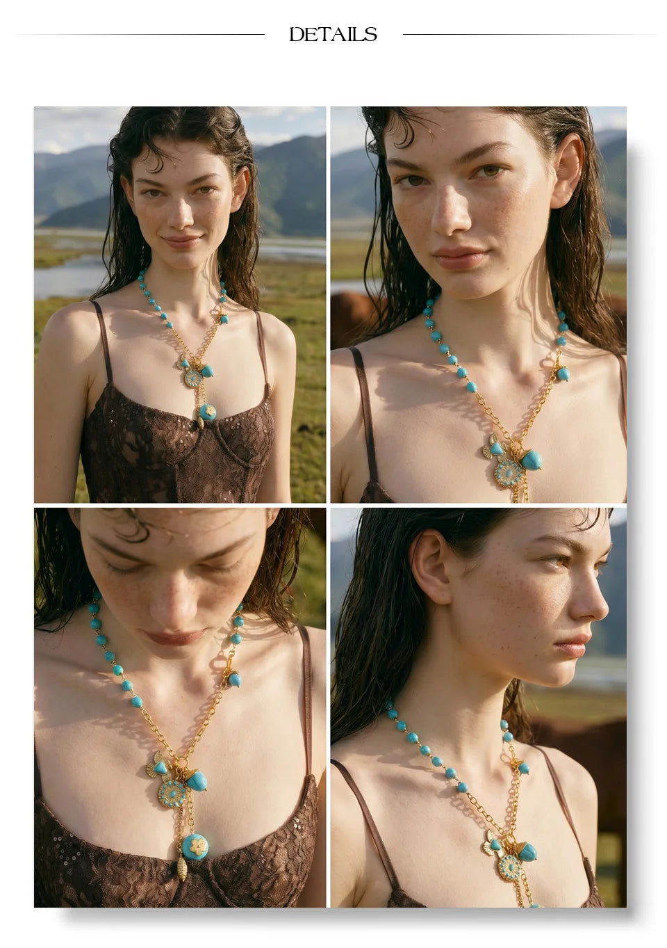 Natural stone flower geometric necklace in gold-plated stainless steel with natural stone.