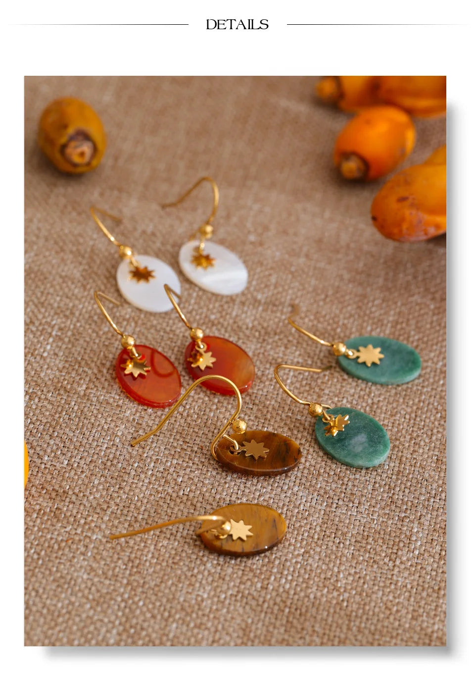 Natural stone geometric earrings in gold-plated stainless steel with natural stone.