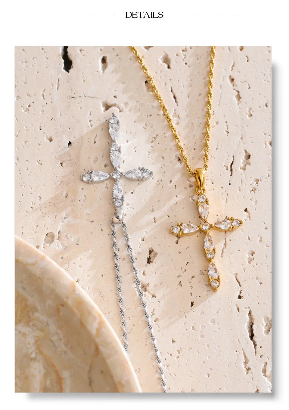 Cubic zirconia cross necklace in gold-plated stainless steel with cubic zirconia.