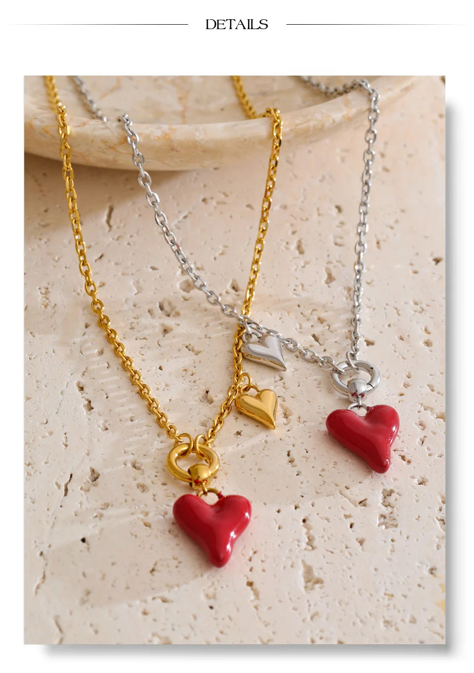 Enamel heart necklace in gold-plated stainless steel with enamel.