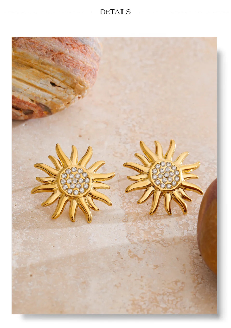 Cubic Zirconia Sun Geometric Earrings — Gold-Plated Stainless Steel with Cubic Zirconia · PS928