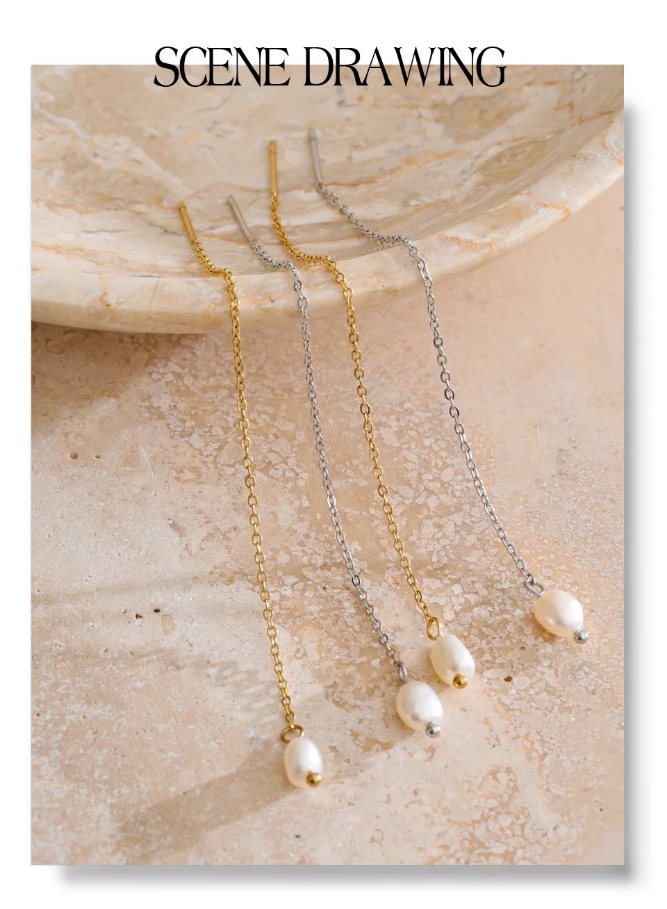 Freshwater pearl geometric chain earrings in gold-plated stainless steel with freshwater pearl.