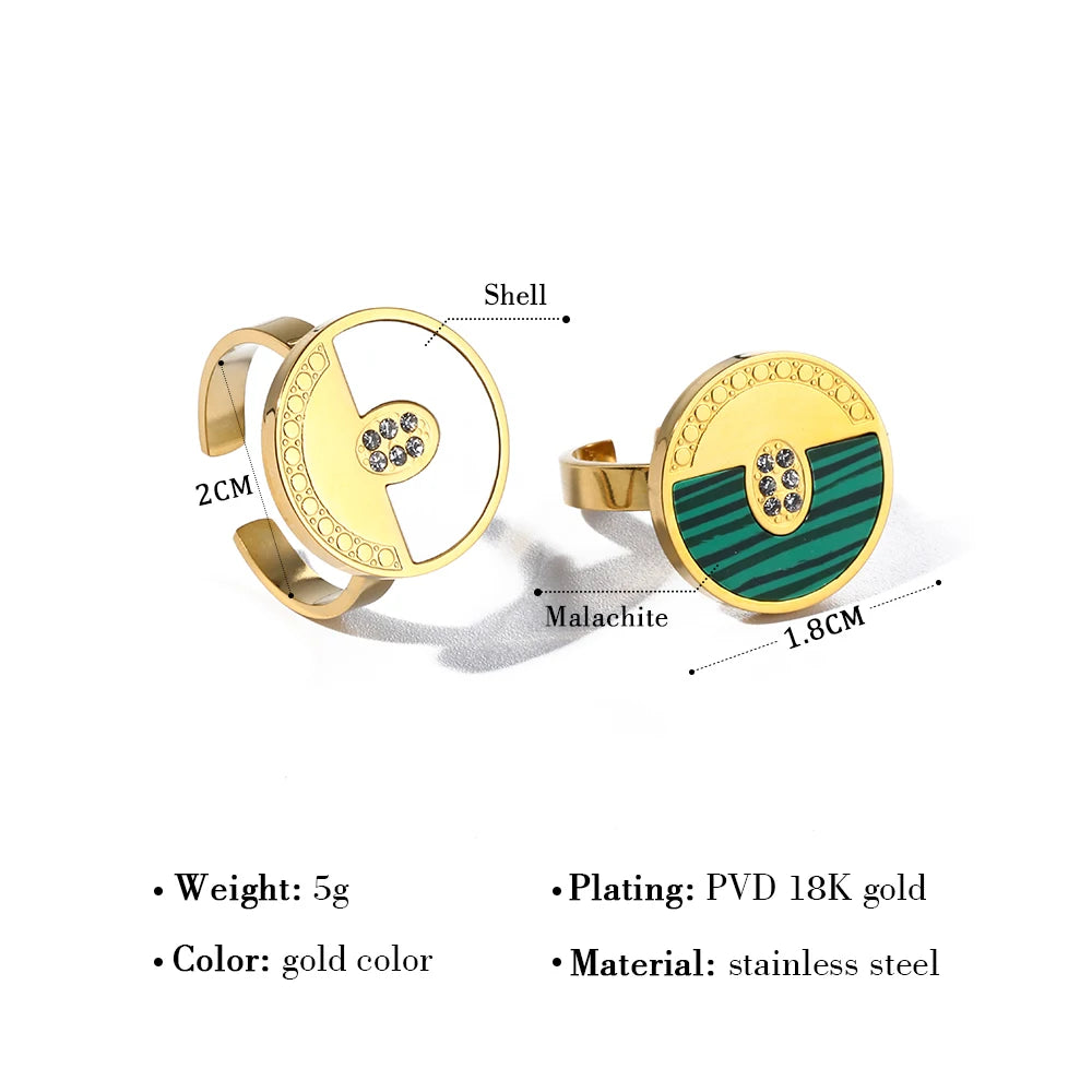 Geometric Ring Shell Malachite Zircon — 316L Stainless Steel · PS464