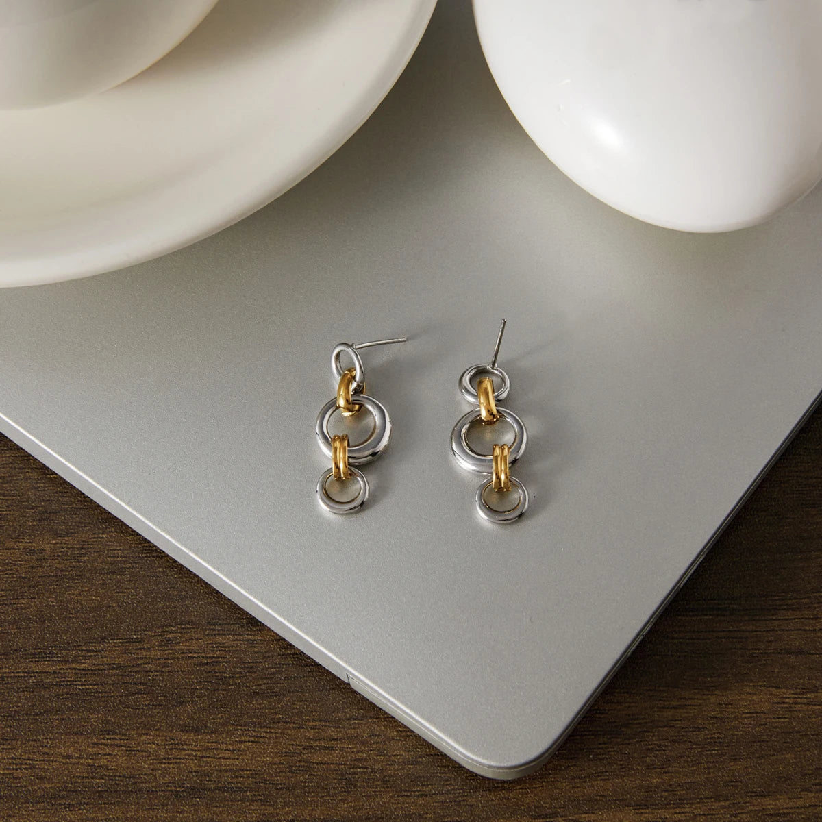 Two-Tone Chain Drop Earrings — Stainless Steel · PS120