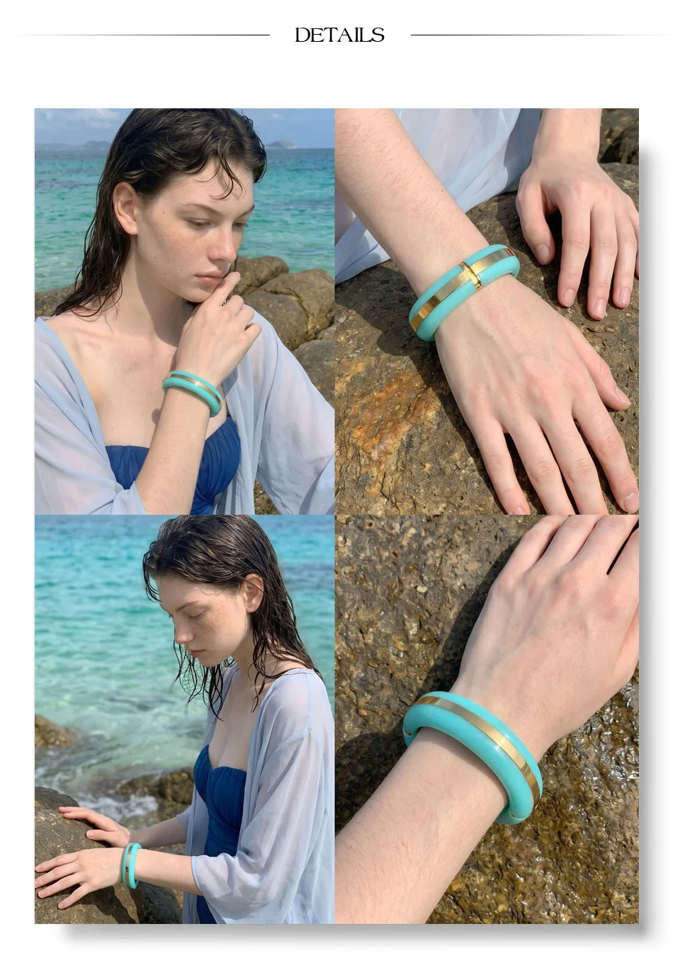 Resin acrylic geometric bracelet in gold-plated stainless steel with resin and acrylic.