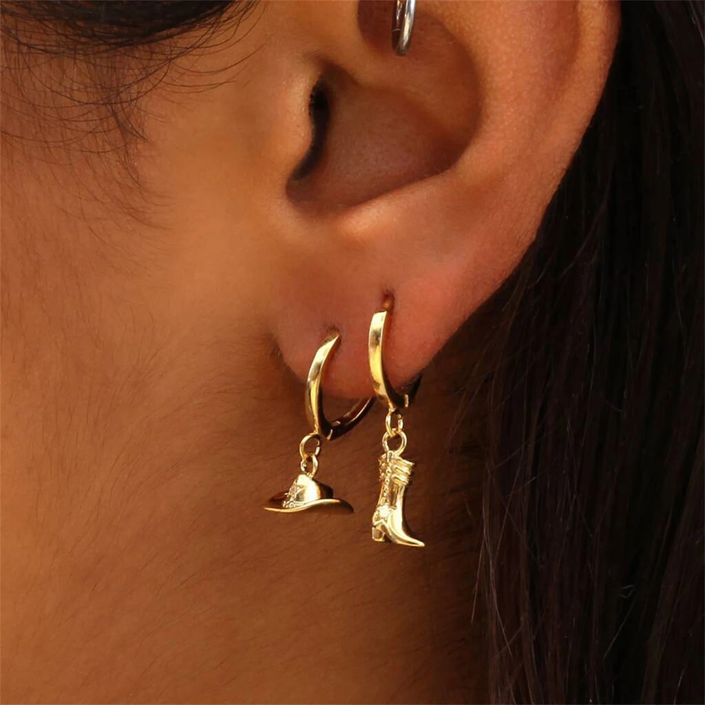 Western Cooper Cowboy Series Earrings, Cowboy Boots, Cowboy Hat Earrings Set, Inlaid with Zircon Color Preserving Jewelry