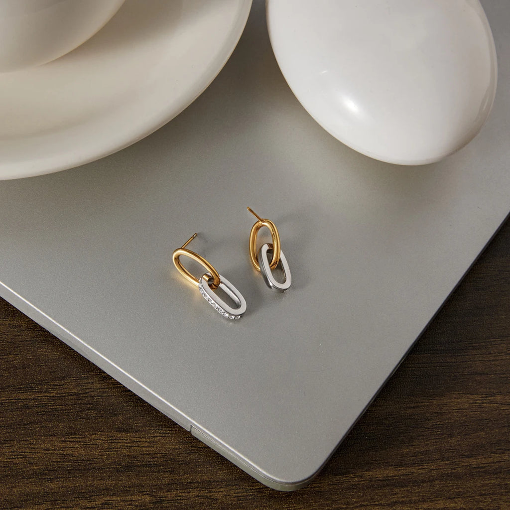 Two-Tone CZ Link Drop Earrings — Stainless Steel · PS126
