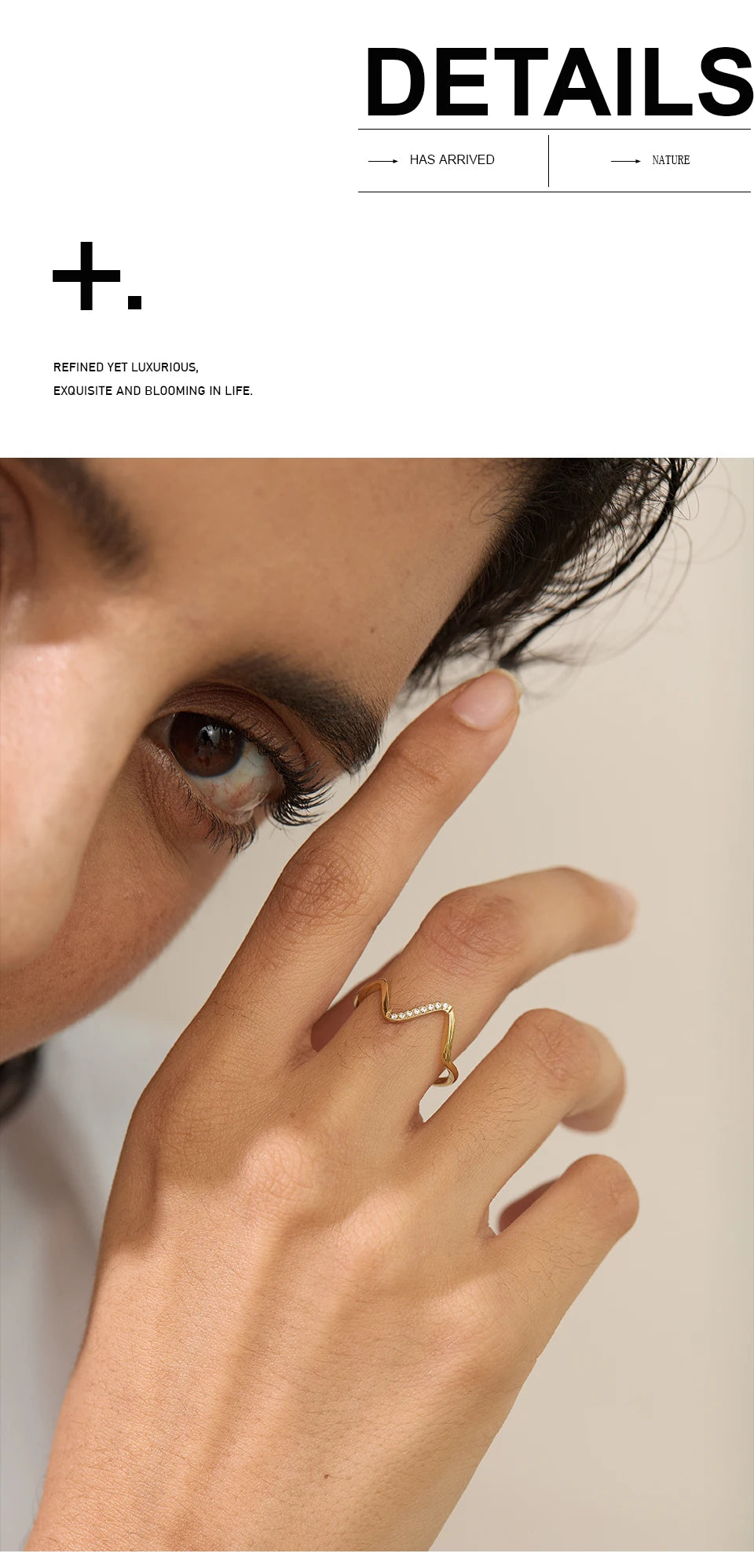 Cubic zirconia geometric ring in 18K gold-plated stainless steel with cubic zirconia.