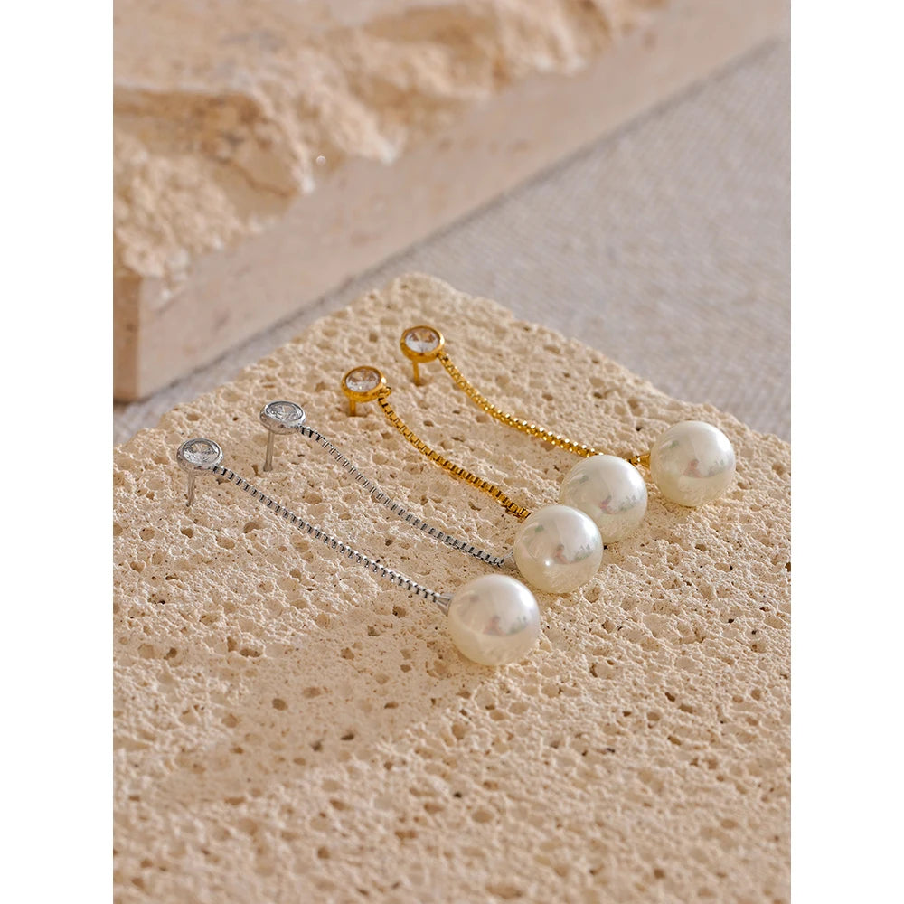 Pearl Geometric Chain Earrings — Gold-Plated Stainless Steel with Pearl · PS1602