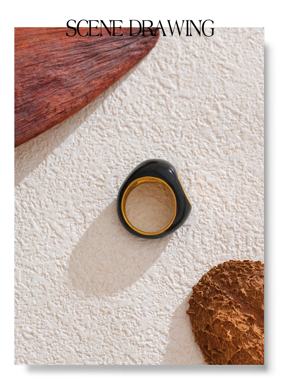 Black enamel geometric ring in gold-plated 316L stainless steel with enamel.