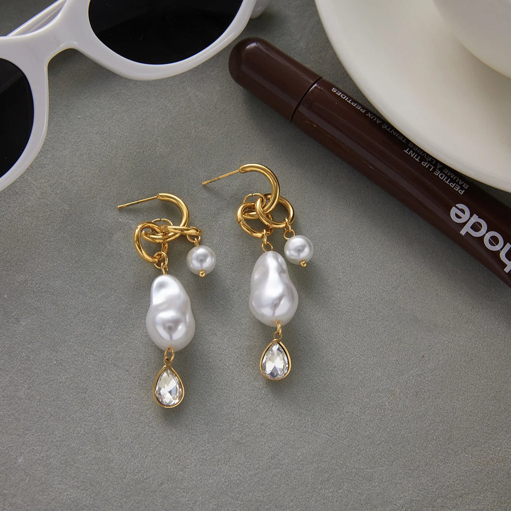 Baroque Pearl Drop Earrings — Stainless Steel · PS085