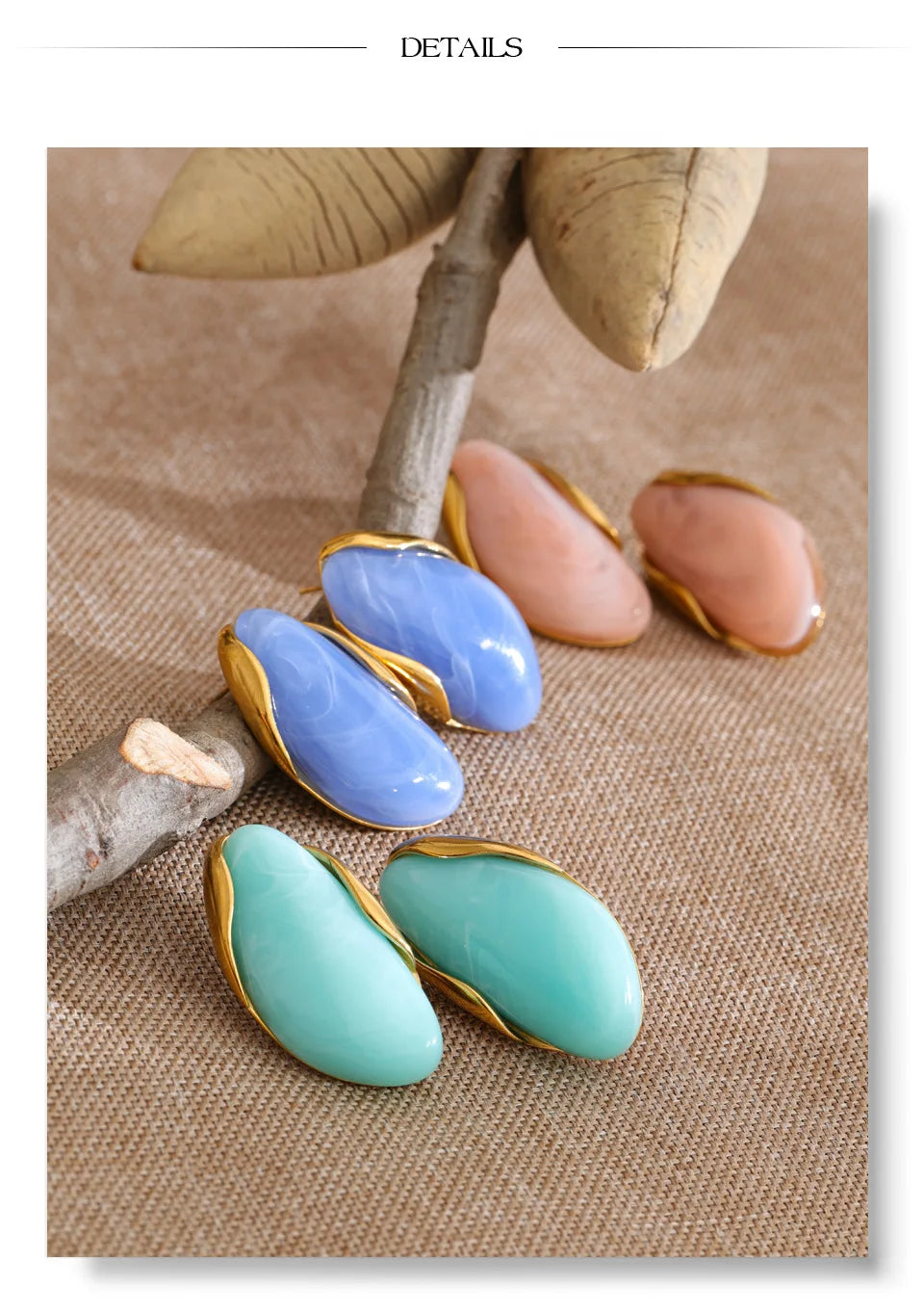 Resin acrylic multi-color earrings in gold-plated stainless steel with resin and acrylic.