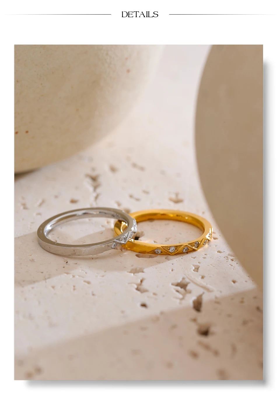 Cubic zirconia geometric ring in gold-plated stainless steel with cubic zirconia.