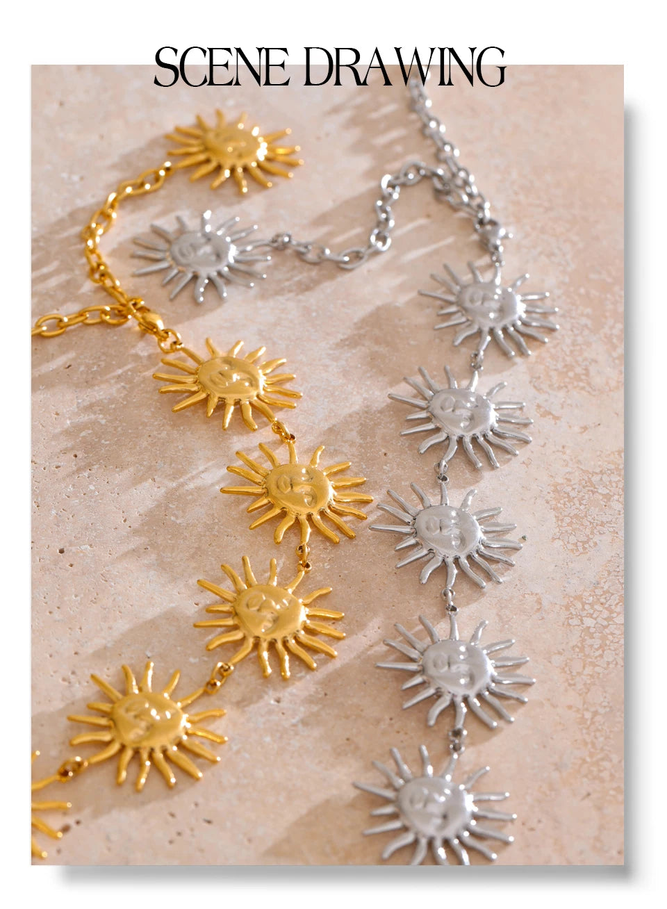 Sun geometric chain necklace in 18K gold-plated stainless steel.