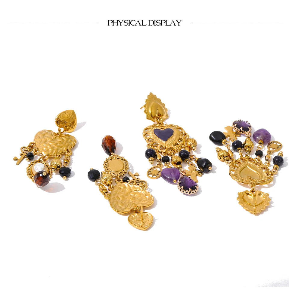 Resin Heart Cross Earrings — Gold-Plated Stainless Steel with Resin